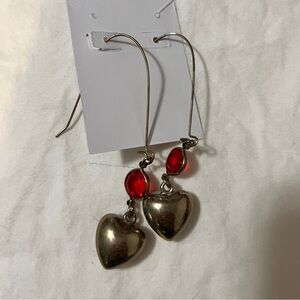 Red Bead Heart Dangle Earrings – Silver Tone Romantic Jewelry